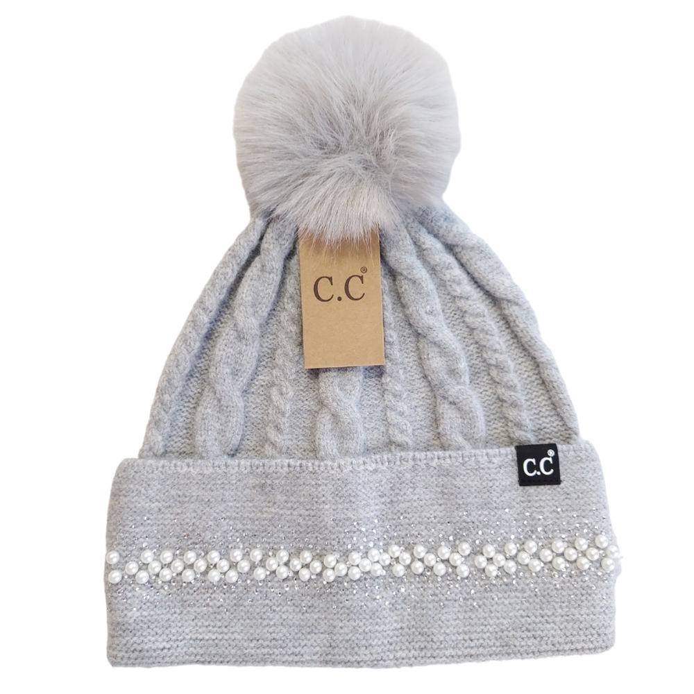 C.C New Beanie Gray Womens Soft Pearl Warm Faux Fur Pom Winter Hat Stretch